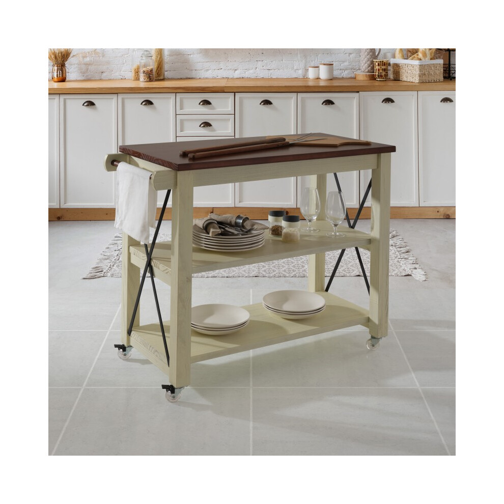 Mercers Furniture Cottage White/Cream Painted Pine Kitchen Cart – Wooden with Storage Shelf & Wheels – 87H x 97W x 45D cm