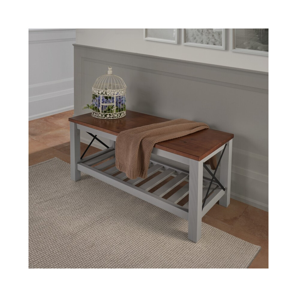 Mercers Furniture Cottage Grey Painted Pine Bench – Wooden with Slatted Storage Shelf – 59H x 107W x 42D cm