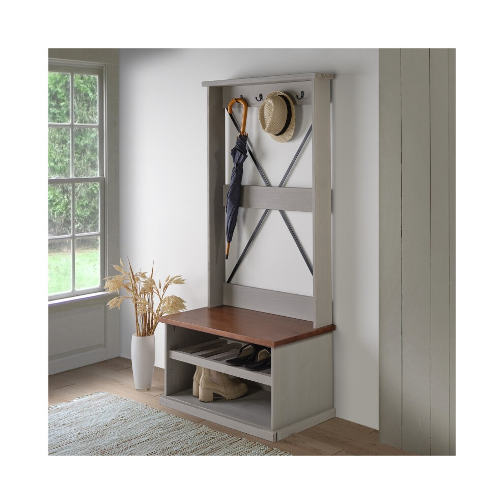 Mercers Furniture Cottage Grey Painted Pine Hall Tree Coat Rack – Wooden with Storage Shelf – 171H x 80W x 44D cm