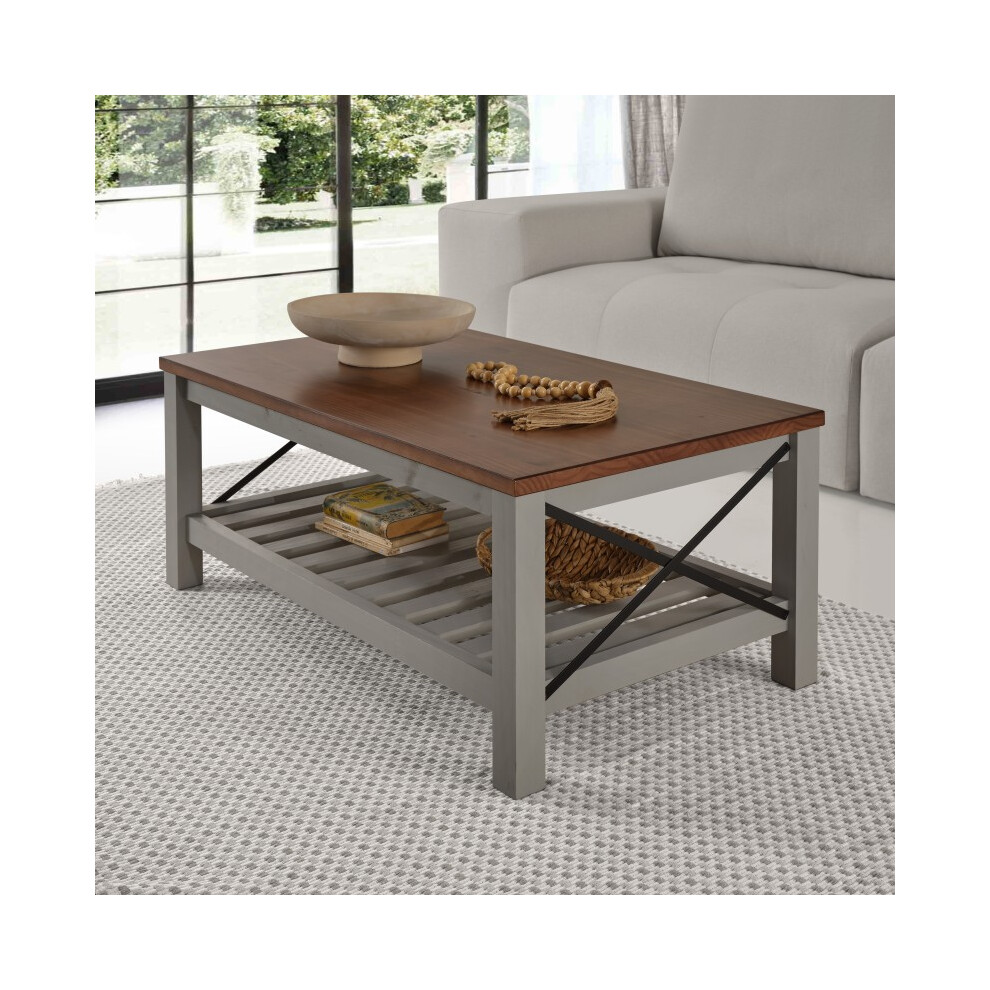 Mercers Furniture Cottage Grey Painted Pine Coffee Table – Wooden With Storage Shelf – 46H X 107W X 61D Cm Brown,Grey