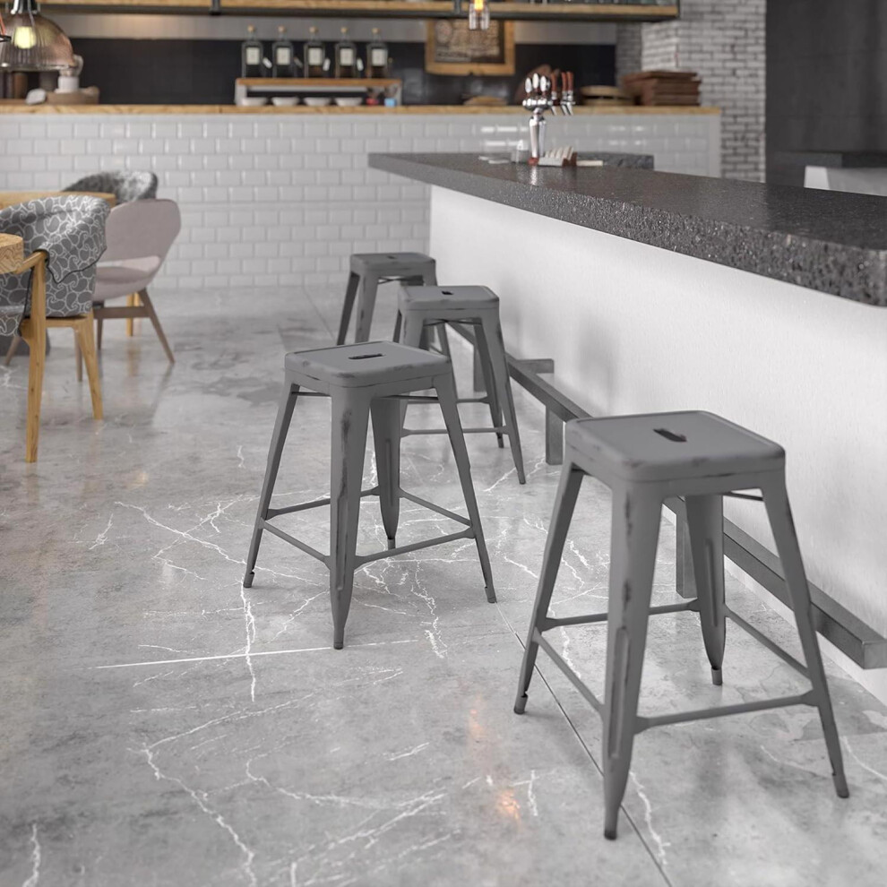 Set of 4 Silver Bar Stools 24 Inch Metal Indoor Outdoor Counter Stools