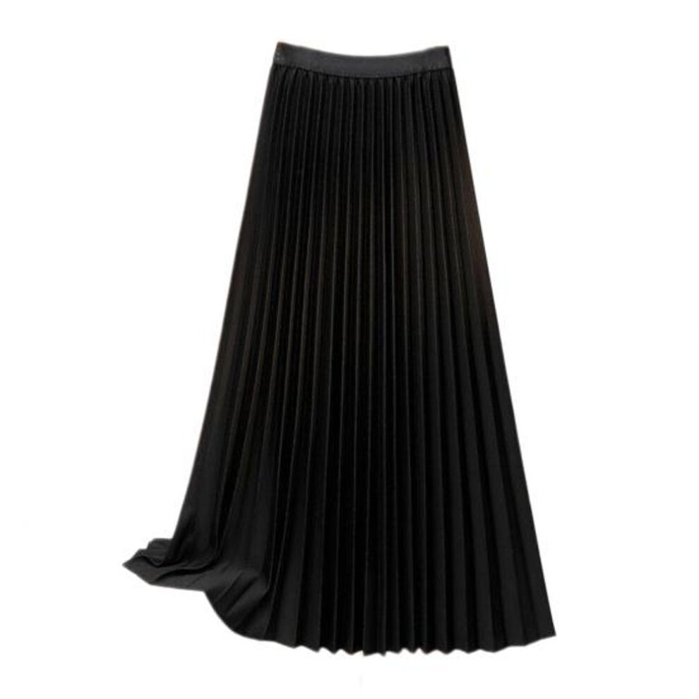 (One Size, black) Women Maxi Skirt Elastic High Waist Pleated Skirt Solid Color Smooth Satin A-line Skirt Work Leisure Wear