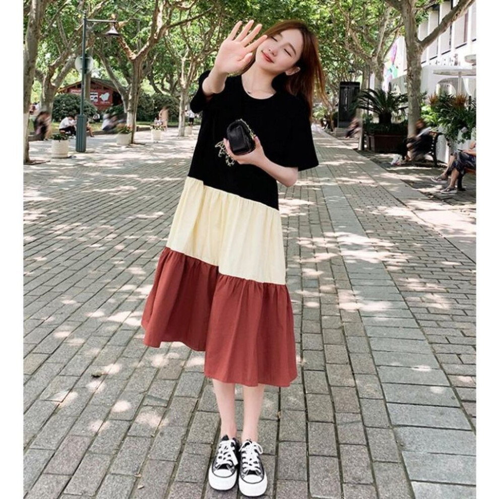 (brick red, L) Yyfs Women's Fashion Summer Spring Colour Block Print Short Sleeve O-neck Loose Waistline Casual Dresses