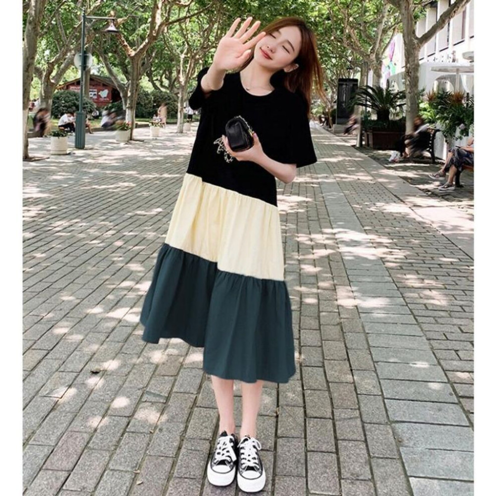 (dark green, L) Yyfs Women's Fashion Summer Spring Colour Block Print Short Sleeve O-neck Loose Waistline Casual Dresses