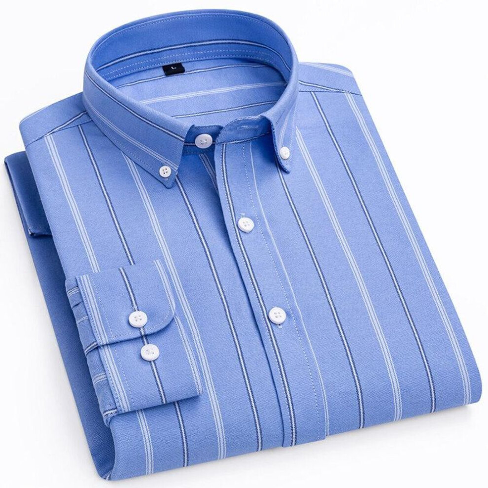 (5XL, han blue) Spring Autumn Men's Business Casual Shirts Fashion Striped Long Sleeve Square Collar Oxford Textile Shirt Male Tops Plus Size