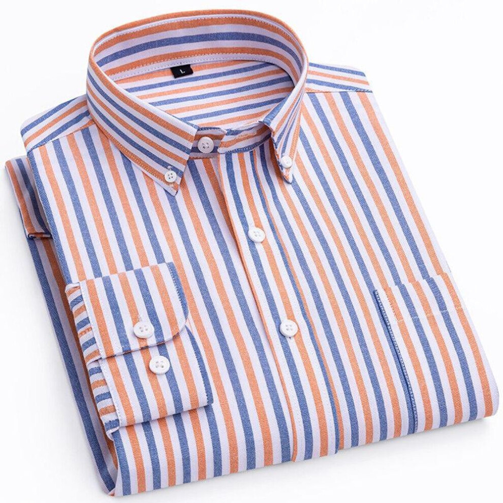 (2XL, skyblue orange) Spring Autumn Men's Business Casual Shirts Fashion Striped Long Sleeve Square Collar Oxford Textile Shirt Male Tops Plus Size