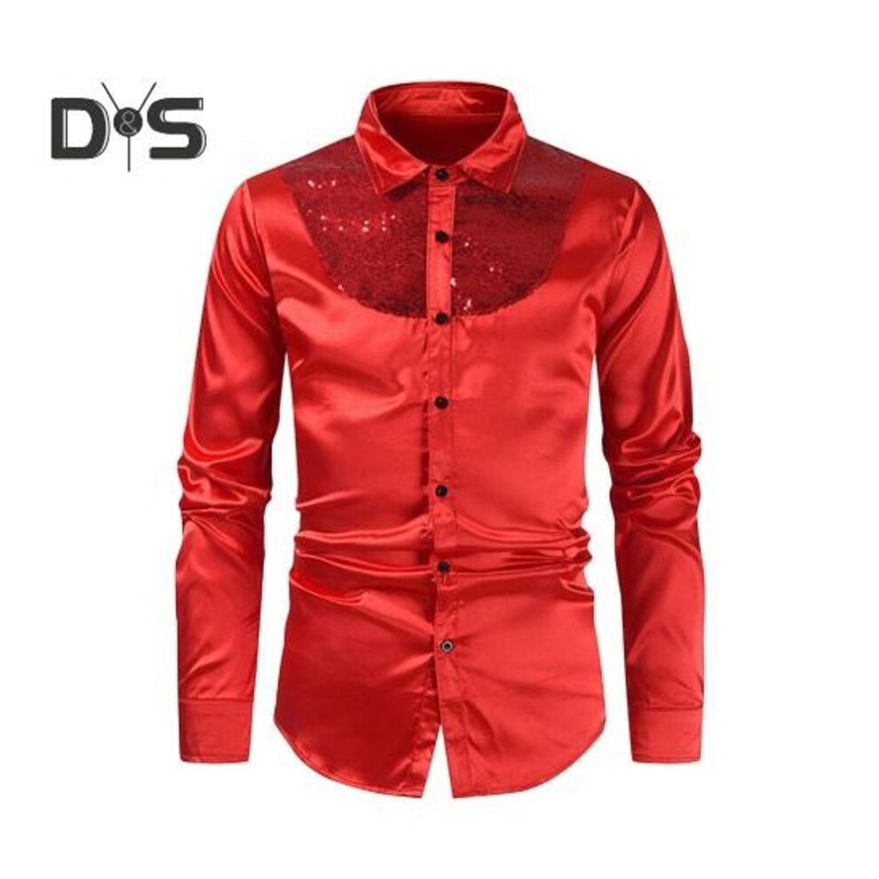 (L, red) Spring Fall Men Shirt Sequin Smooth Surface Single-breasted Patchwork Turn-down Collar Cardigan Long Sleeves Cosplay Club Dance Party Top