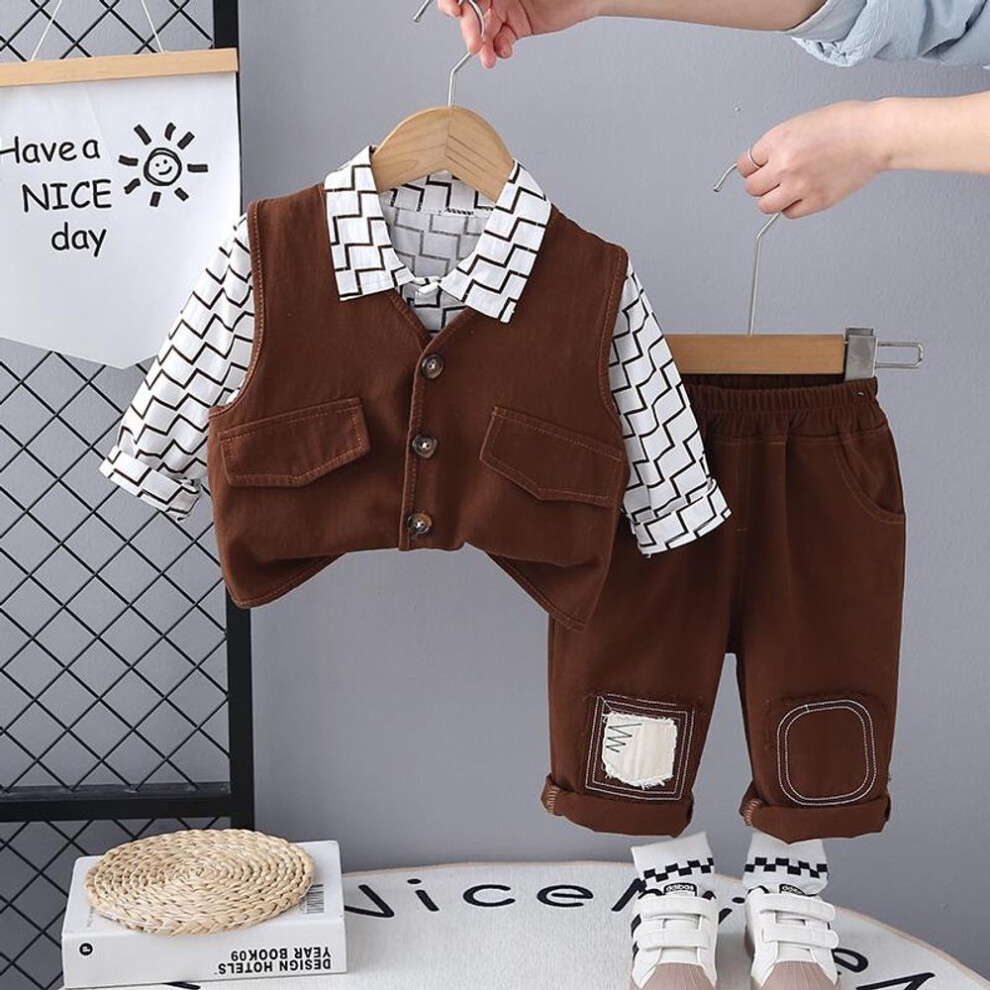 (brown, M) Children's Long Sleeved Three Piece Set Boys' Vest Jacket Simple Shirt Clothing Casual Denim Pants 0-5-year-old Baby Set