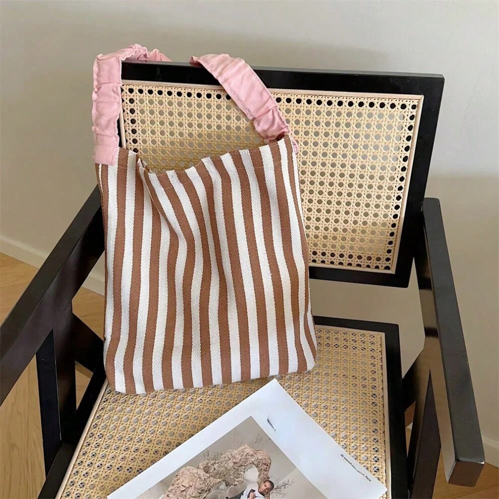 (Brown) Contrast Color Women's Stripe Shoulder Bags Simple Canvas College Girls Book Tote Shopping Bag Casual Female Travel Handbags