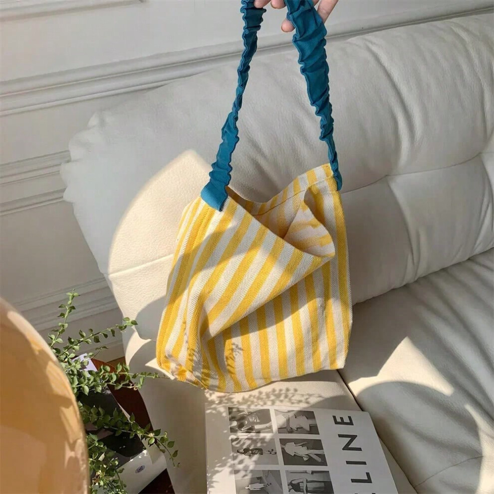 (Yellow) Contrast Color Women's Stripe Shoulder Bags Simple Canvas College Girls Book Tote Shopping Bag Casual Female Travel Handbags