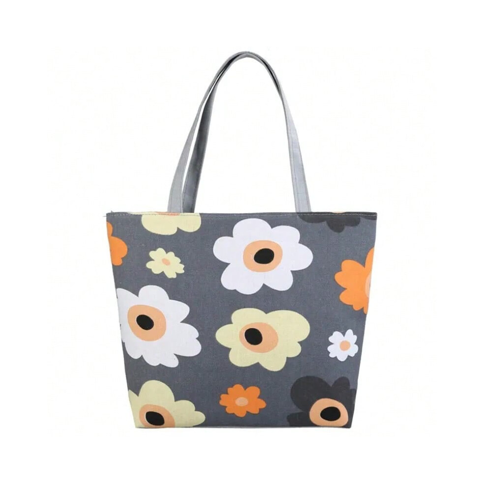 (GRAY) Women's Handbag Foral Printed Large Capacity Cotton Canvas Portable Female Shoulder Bag Casual Beach Bags ECO Reusable 2021 New