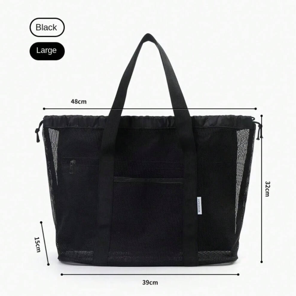 (Black-S, Extra Large) Portable Mesh Drawstring Wash Bag Handbag Large Capacity Beach Bag Foldable Travel Cosmetic Bag Organizer Swimming Storage Bag