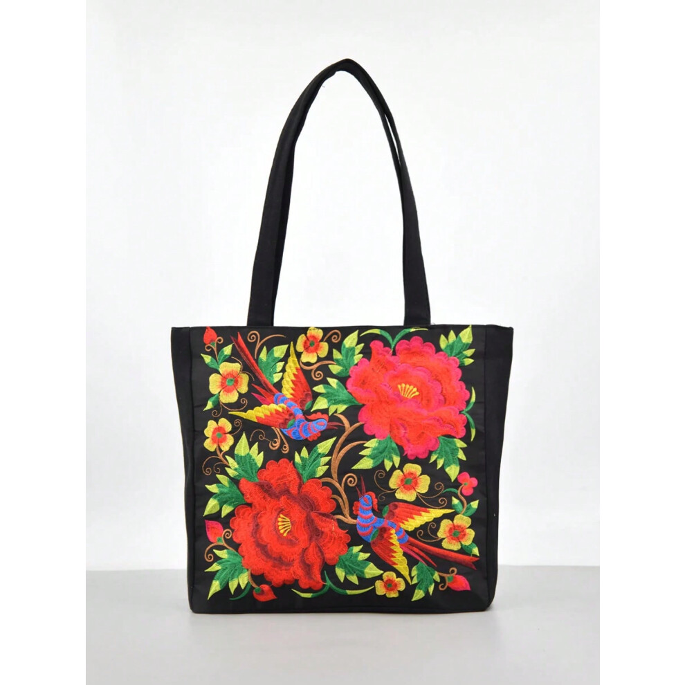 (Red 1) Ethnic Style Embroidery Shoulder Bag Large Capacity Literary Canvas Bag Retro Peony Tote Shopping Bag