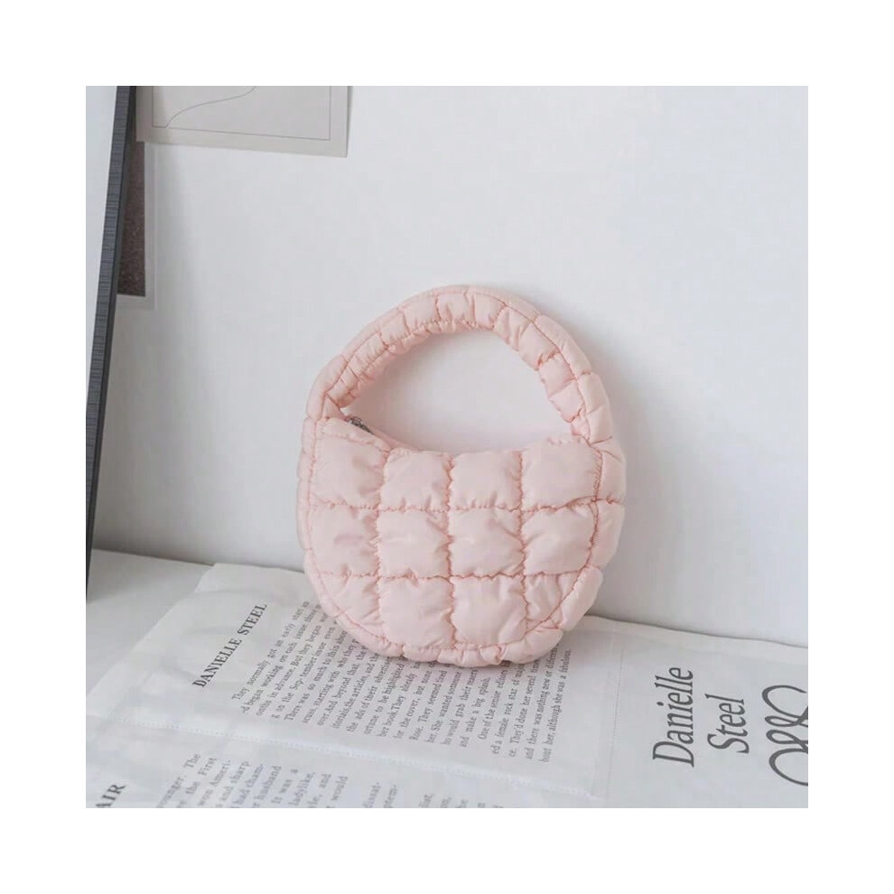 (A13) Fashion Mini Puffer Tote Bag Quilted Circle Phone Purse Elegant Purple Soft Nylon Padded Key Pouch Simple Trend Handbag