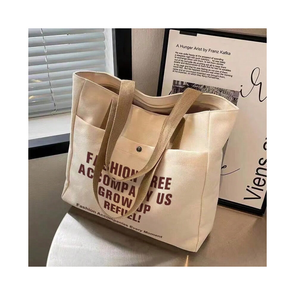 (Off white, High31cm-Width41cm) Canvas Women Shoulder Bag Tote Large University College Fashion Shopping Book Rectangular Square High Quality Female Bag Korean