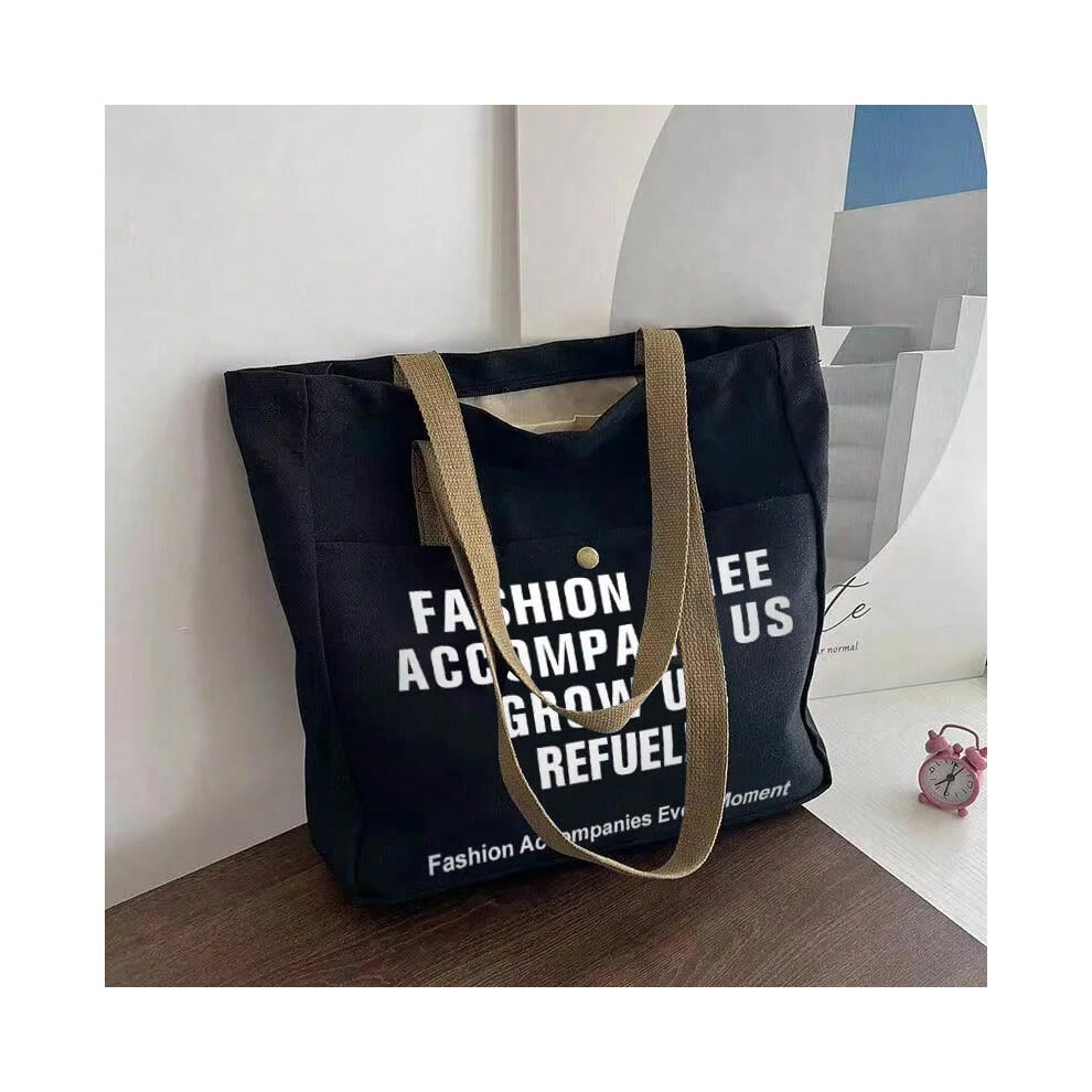 (Black, High31cm-Width41cm) Canvas Women Shoulder Bag Tote Large University College Fashion Shopping Book Rectangular Square High Quality Female Bag Korean