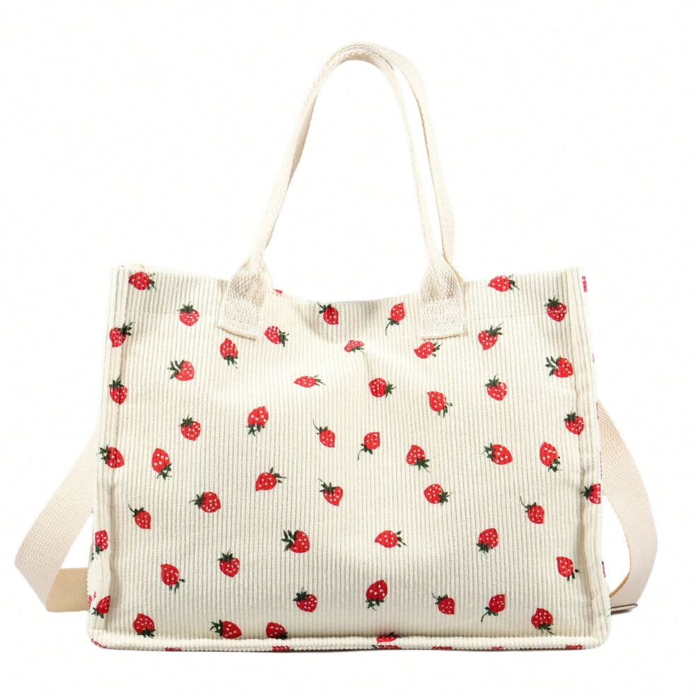 (White) Tote Bag Cute Strawberry Patched Purse for Women Fabric Large Capacity Tote Purse Enduring Tote Bag with Adjustable Shoulder