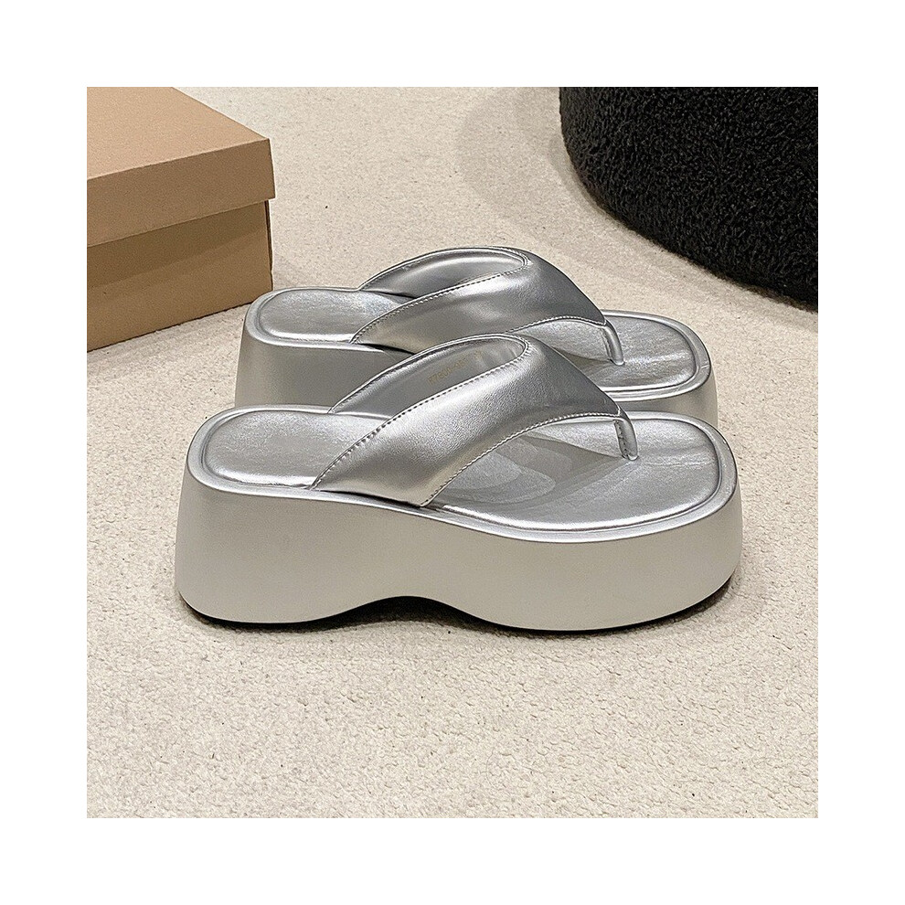 (Silver,37)Sandales d'été simples couleur unie semelle épaisse femme tongs pour un port décontracté