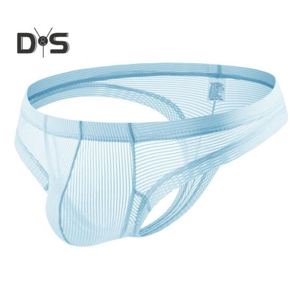(M, light blue) Men Thong Low Rise Elastic Waist U-convex Briefs Solid Color See-through Smooth Lines Thin Panties Daily Wear