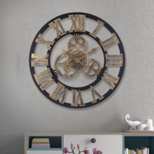 (Gold) 58CM Skeleton Metal Roman Numeral Gear Clock Giant Open Round Face Wall
