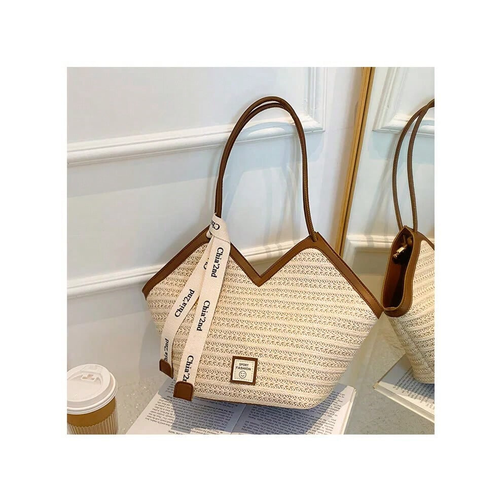 (white with brown) Women's Handbag Fashion Beach Shoulder Bag Straw Bag Designer Large Capacity Handbag Retro Hand-held Woven Bag