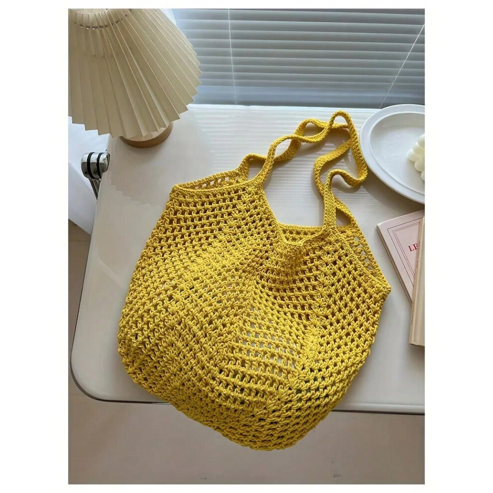(stb-yellow) Women's Casual Large Capacity Woven Bag - Open Beach Handbag with Adjustable Shoulder Strap, Beach Bag