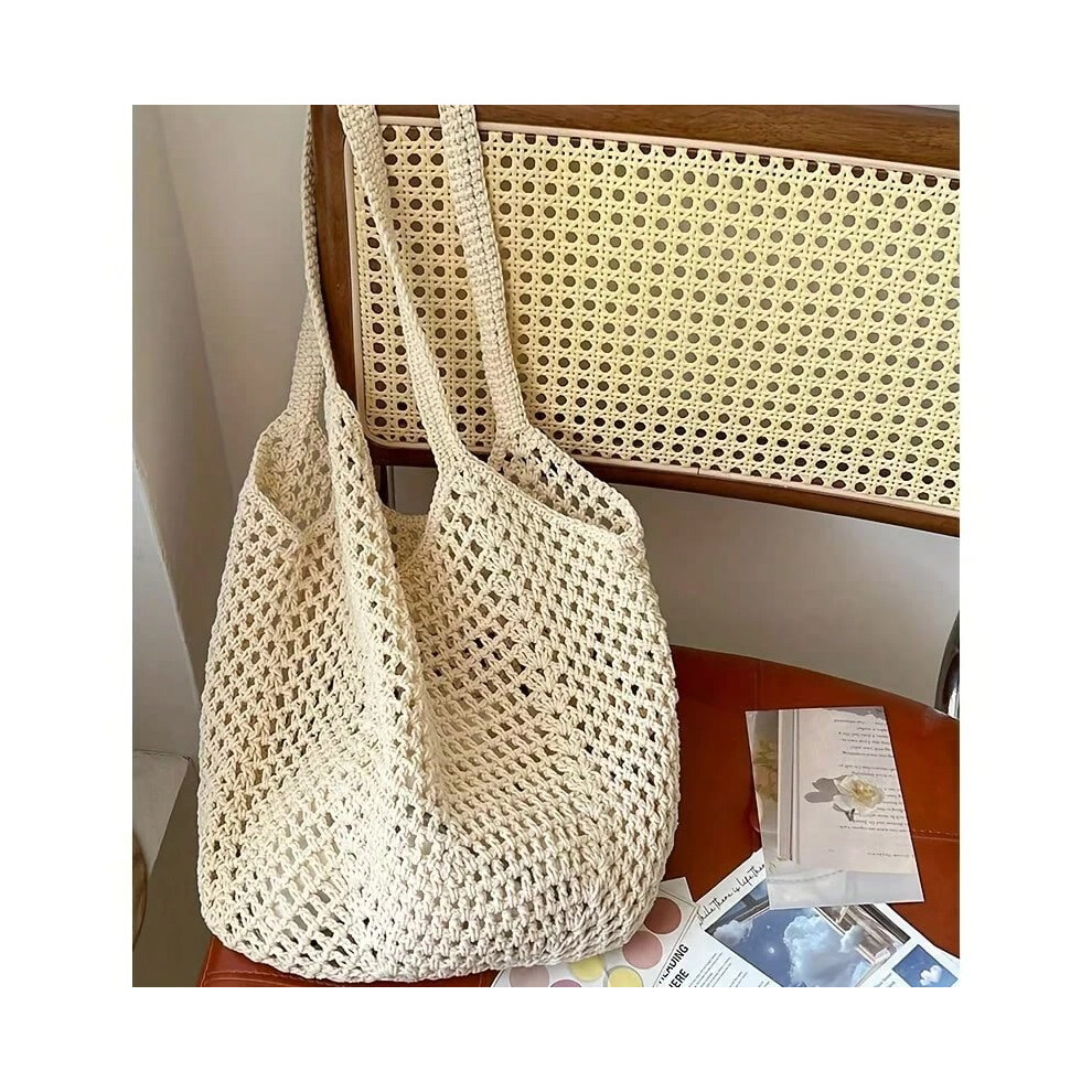 (stb-Beige) Women's Casual Large Capacity Woven Bag - Open Beach Handbag with Adjustable Shoulder Strap, Beach Bag