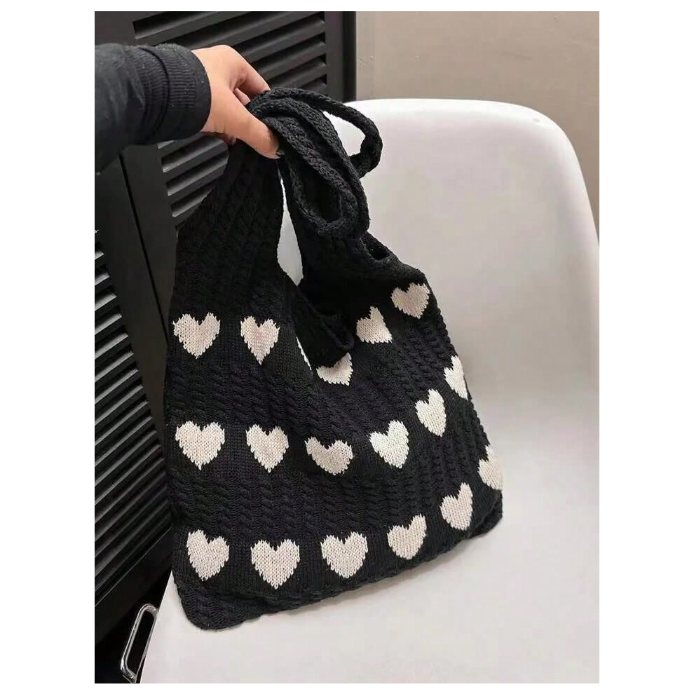 (black) Knitted Handbags Heart Pattern Blocking Crochet Shoulder Bags Large Capacity Fashion Beach Bag Versatile Commute Woven Bag 2024