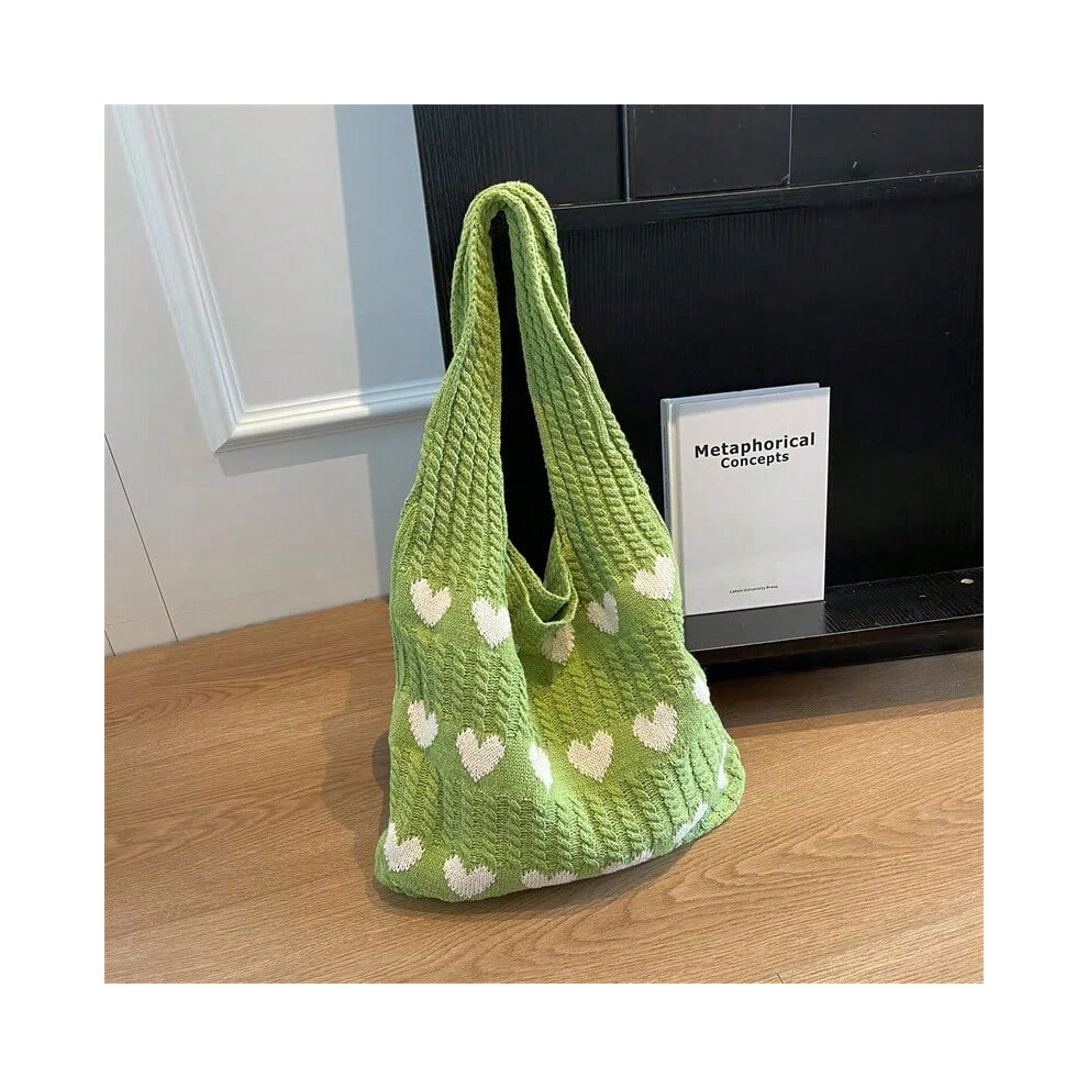 (green) Knitted Handbags Heart Pattern Blocking Crochet Shoulder Bags Large Capacity Fashion Beach Bag Versatile Commute Woven Bag 2024