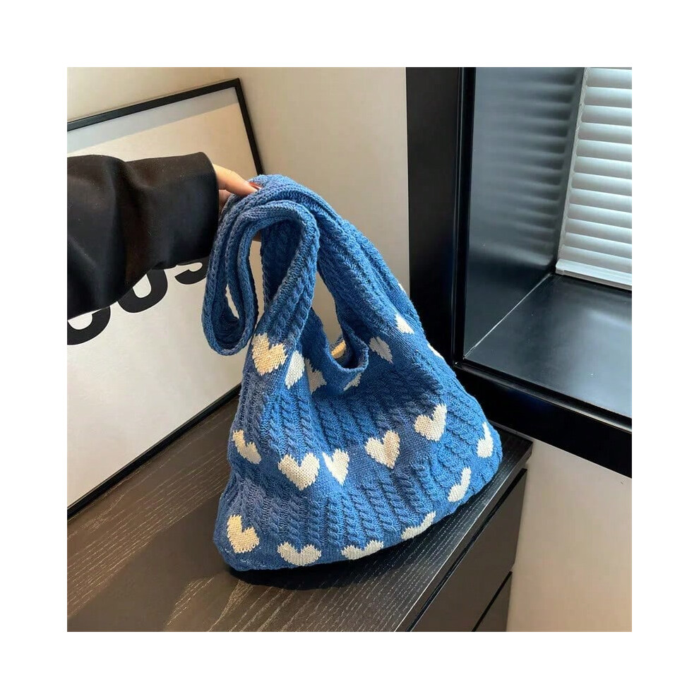 (blue) Knitted Handbags Heart Pattern Blocking Crochet Shoulder Bags Large Capacity Fashion Beach Bag Versatile Commute Woven Bag 2024
