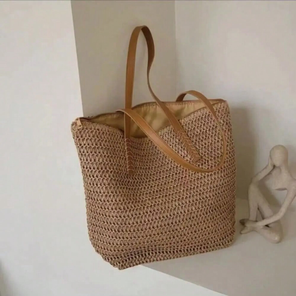 (Brown) Summer Woven Shoulder Bag Women Beach Shoulder Bag Female Straw Knitted Handmade Large Capacity Handbag Purse Travel Tote Bags