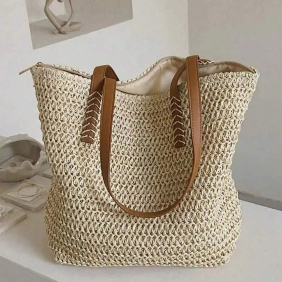 (Beige) Summer Woven Shoulder Bag Women Beach Shoulder Bag Female Straw Knitted Handmade Large Capacity Handbag Purse Travel Tote Bags