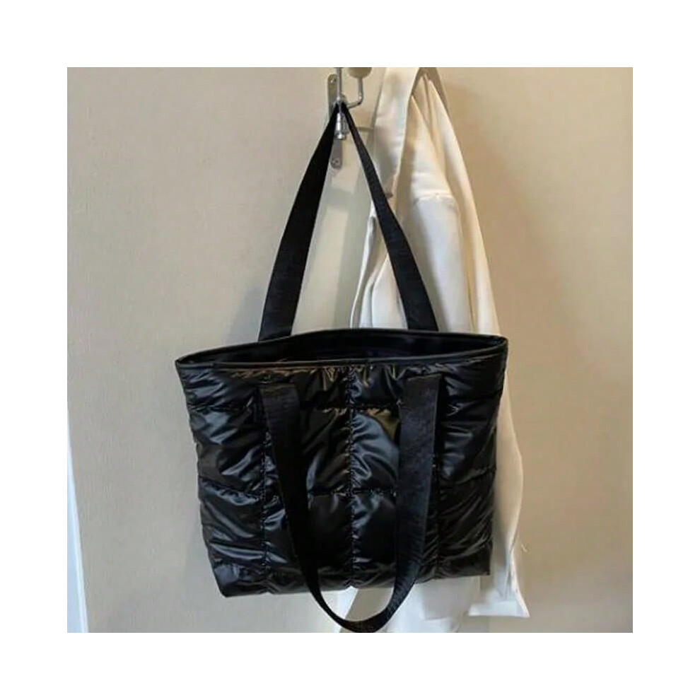 (black) Fashion Ladies Tote Handbags Large Capacity Cotton Padded Shopping Bag Rhombus Portable Handbag Quilted Solid for Leisure Travel