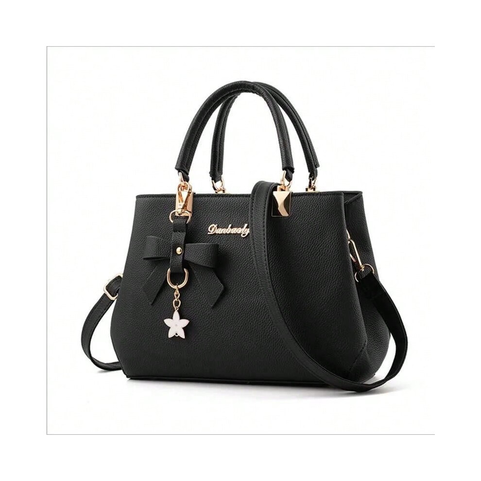 (Black) Fashion Solid Color With Bow One Shoulder Bag Portable Bandolera Casual Satchel Large Capacity Cross-body Handbag For Women