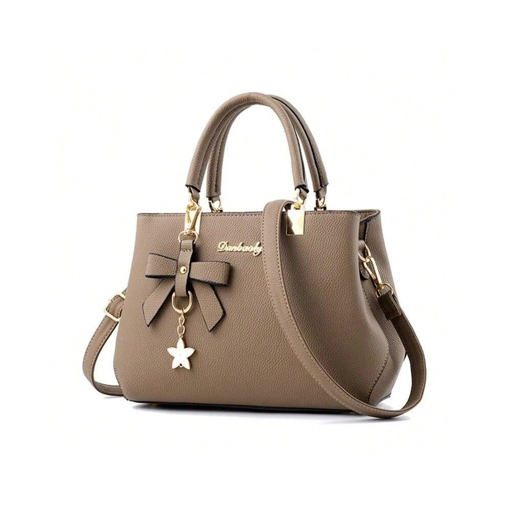 (Khaki) Fashion Solid Color With Bow One Shoulder Bag Portable Bandolera Casual Satchel Large Capacity Cross-body Handbag For Women