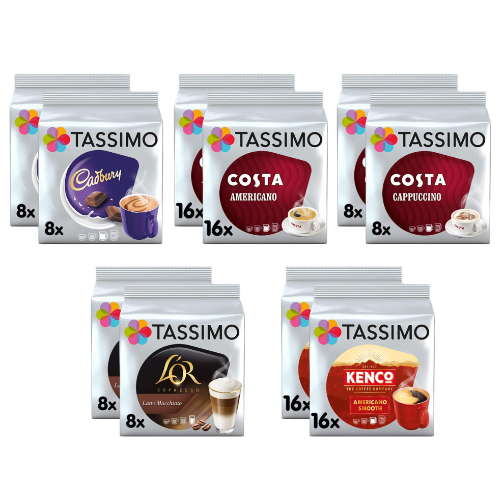 Tassimo Coffee Selection - Costa Cappuccino/Costa Americano/Cadbury Hot Chocolate/L'or Latte Macchiato/Kenco Americano Coffee Pods - 10 Packs (112