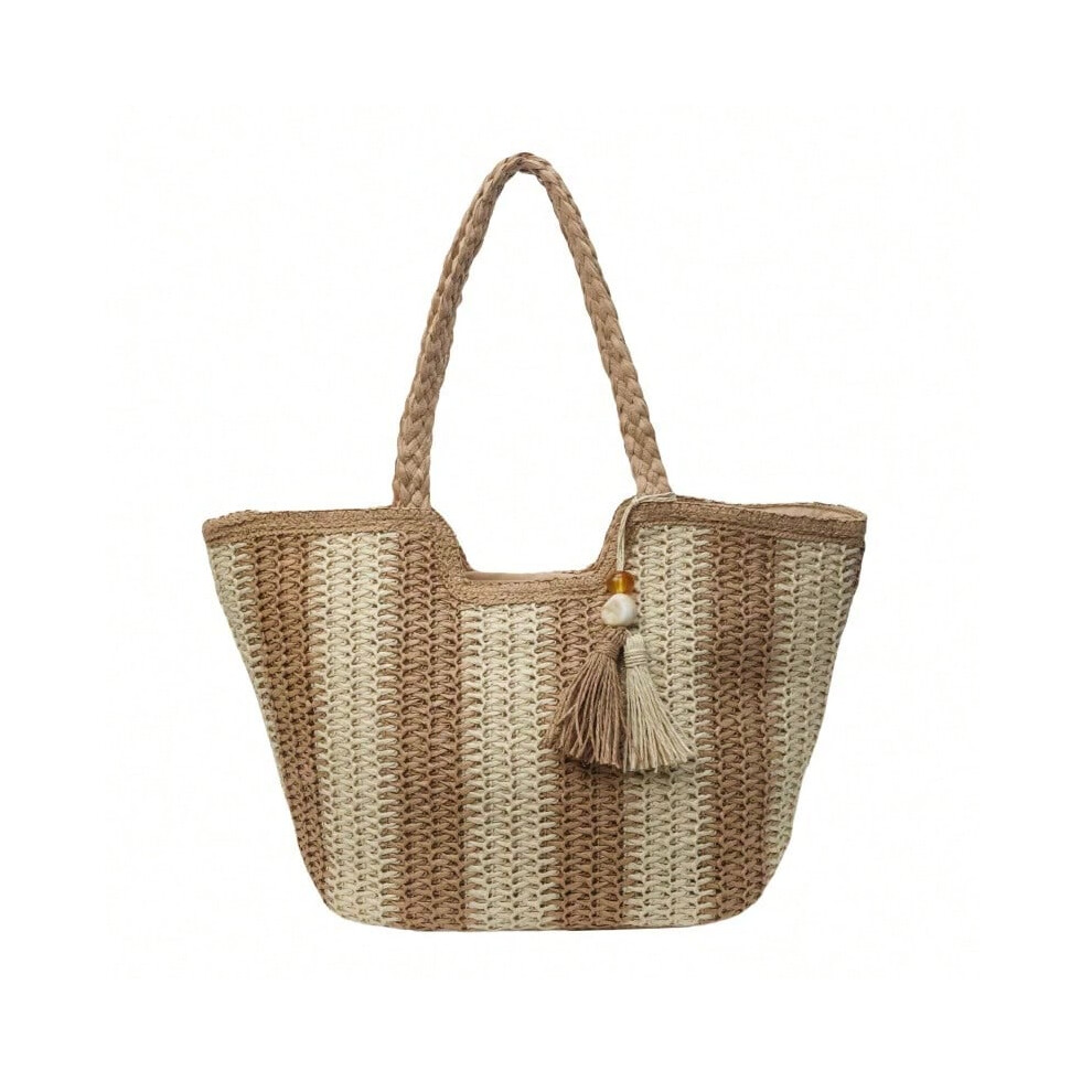 (Khaki) Braid Color Matching Straw Shoulder Bags High Quality Large Capacity Commuting Fashion Handbags for Women 2024 Casual New Tote