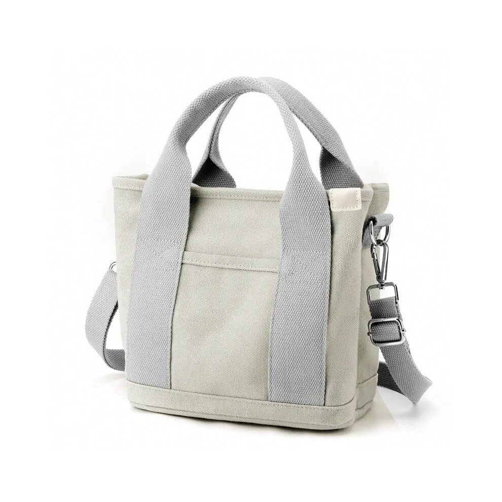 (Grey) Women Small Bag with Zipper Fashion Lady Single Shoulder Portable Thickened Canvas Mobile Phone Bucket Tote Bag