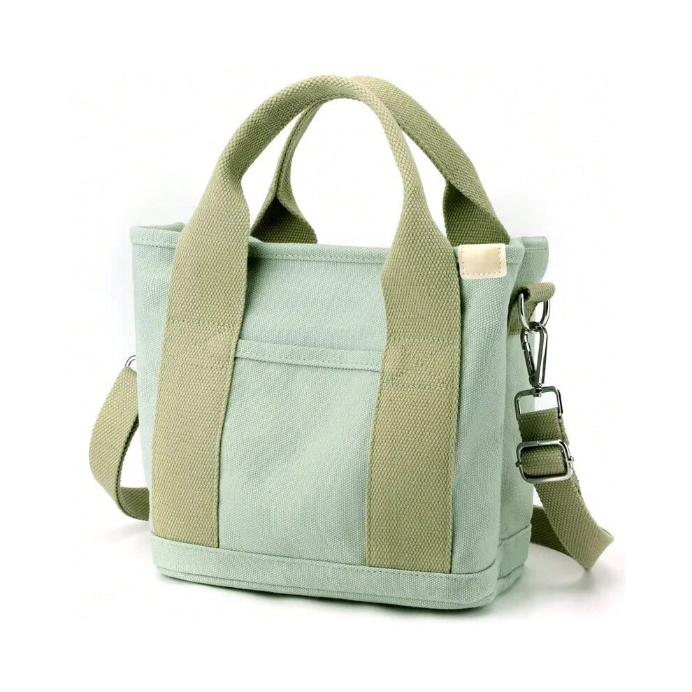 (Green) Women Small Bag with Zipper Fashion Lady Single Shoulder Portable Thickened Canvas Mobile Phone Bucket Tote Bag