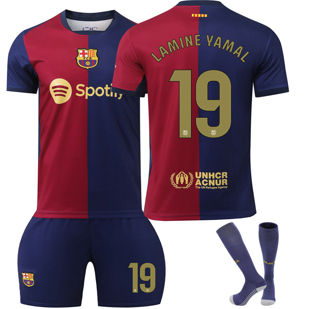 (Size M)24/25 Barça Home Football kits #19 Lamine Yamal Jersey Set with Socks