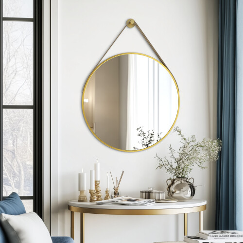 700x700mm Gold Round Wall Vanity Mirror with Hanging Rope 2