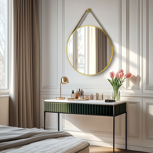 800x800mm Gold Large Round Mirror with Hanging Rope 1