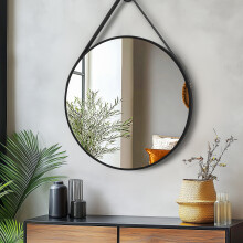 600X600mmDecorative Round Wall Hanging Mirror with Strap Black Frame