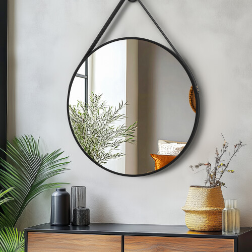 600X600mmDecorative Round Wall Hanging Mirror with Strap Black Frame