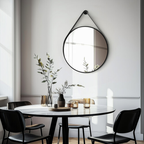 600X600mmDecorative Round Wall Hanging Mirror with Strap Black Frame 2