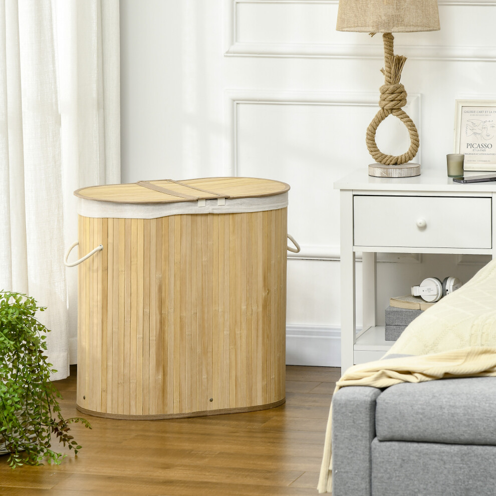 Homcom 100L Bamboo Laundry Basket W/ 2 Compartments Washing Baskets Natural