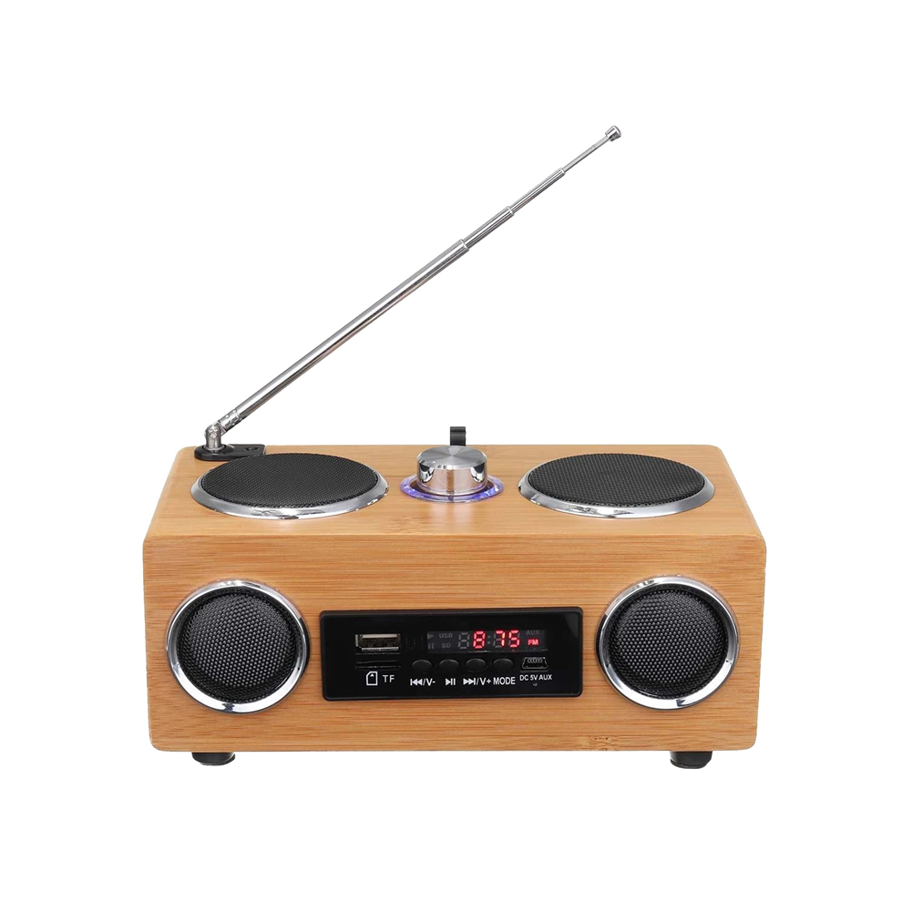 Haut-parleur radio sans fil rétro en bois avec caisson de basses