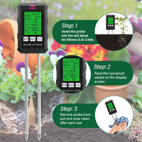6-in-1 Soil Tester: pH, Temperature, Humidity, Sunlight & Air Moisture Detector with Backlit Digital Display 2