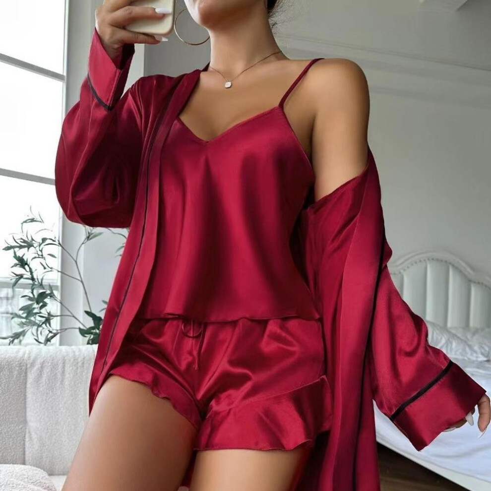 (XL, wine red) Simple Satin Pajama Set Long Sleeve Belted Robe V Neck Cami Top And Shorts Women's Sleepwear