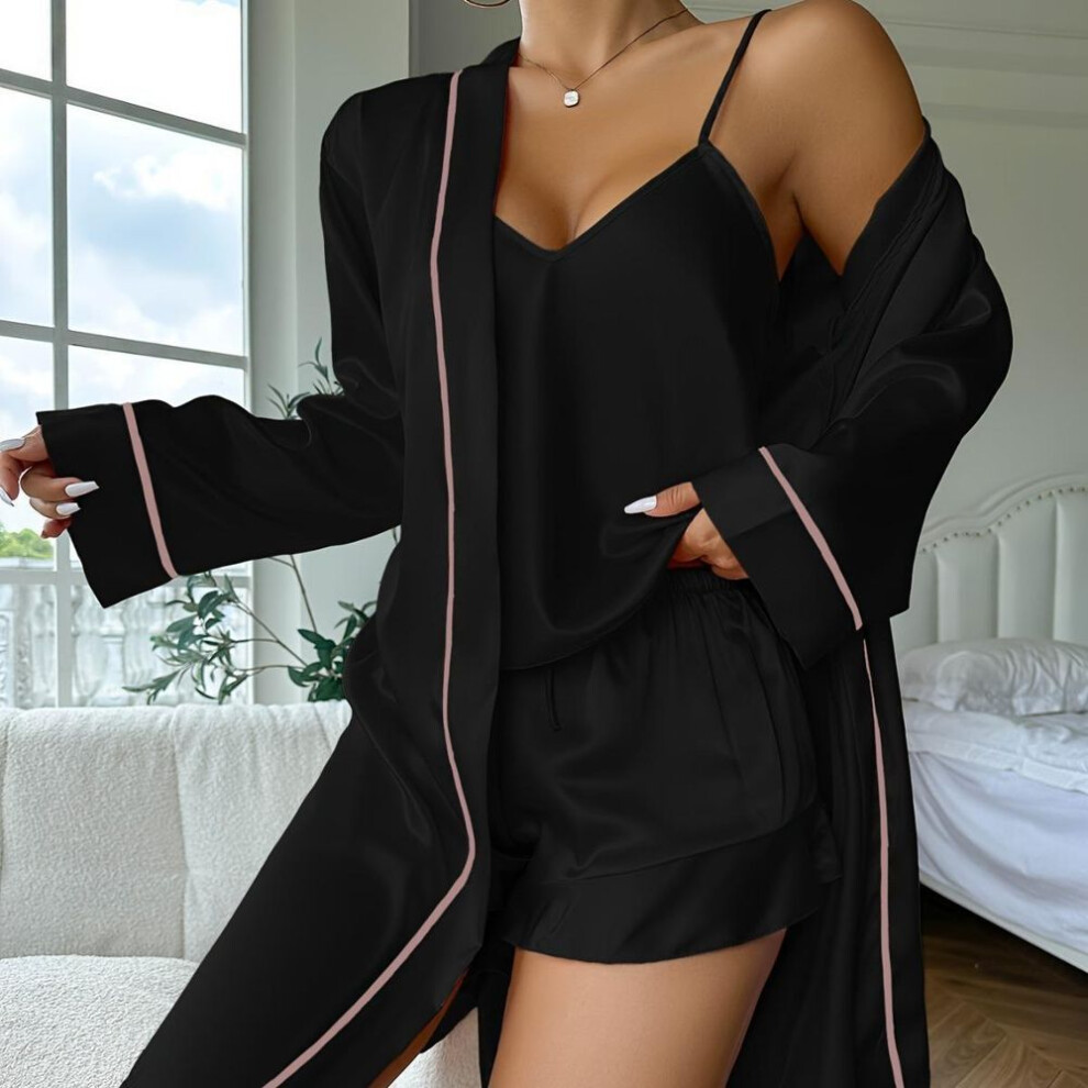 (S, black) Simple Satin Pajama Set Long Sleeve Belted Robe V Neck Cami Top And Shorts Women's Sleepwear